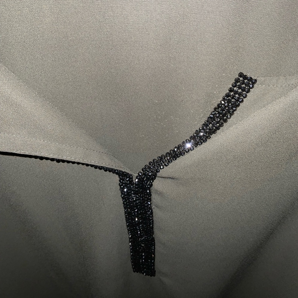 Juicy Couture ~ curved hem ~ Olive green blouse with bling v-neck ( worn once ) - Picture 7 of 14